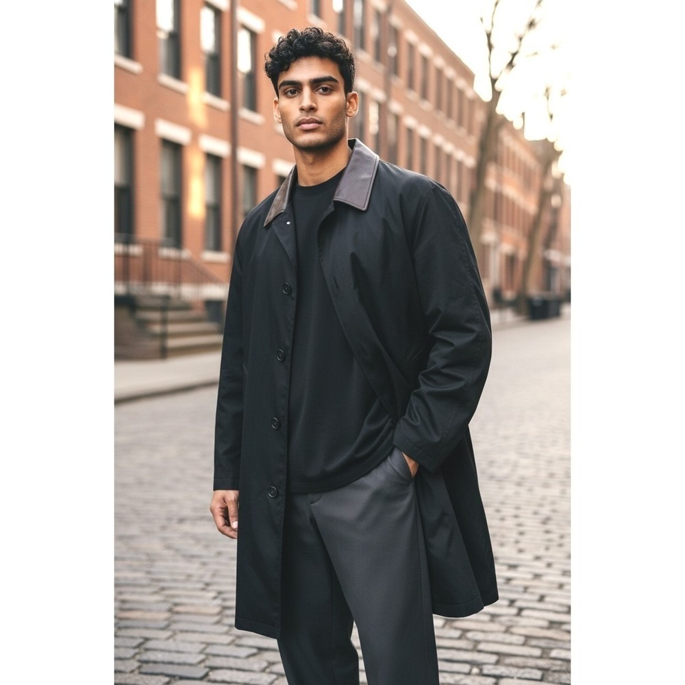 Martino Uomo Moda Black Leather Collar Trench Coat Men's 40R